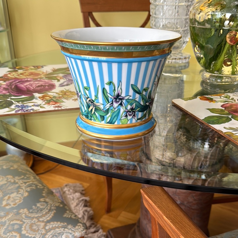 Versace Blue and Gold Accent Vase with Floral Design